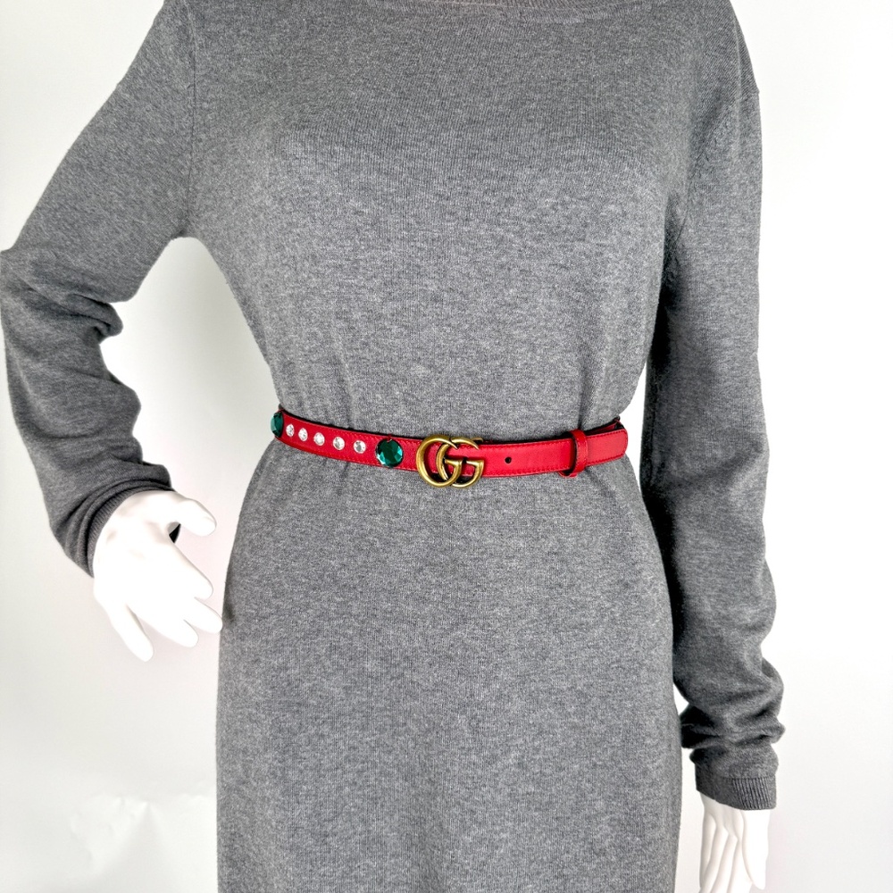 GUCCI GG Red Crystal Embellished Skinny Leather Belt 100 40 - Picture 2 of 13
